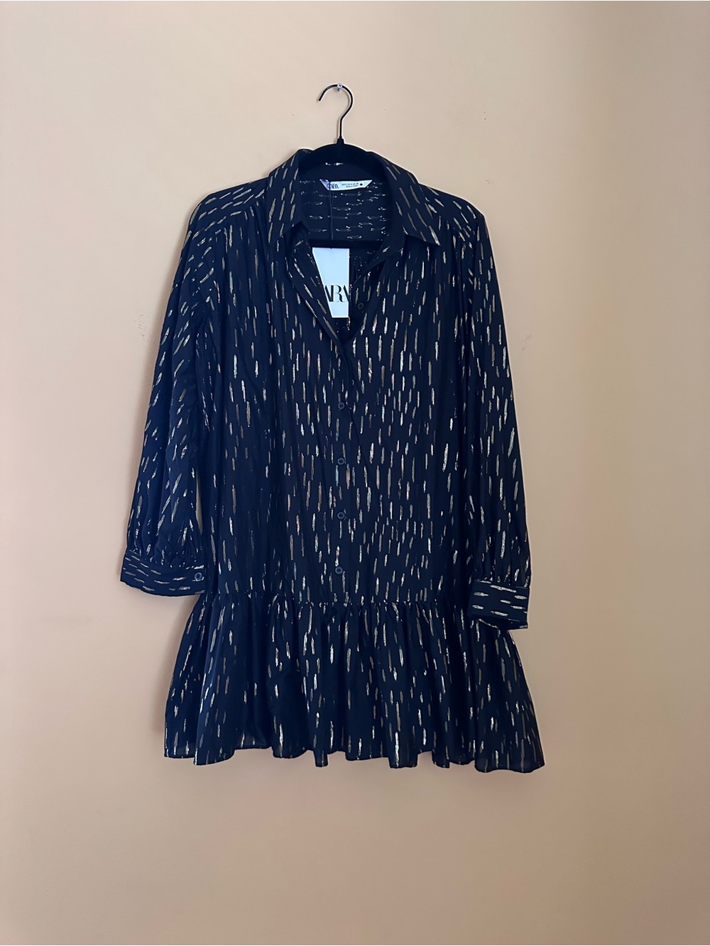 Zara Black & Gold Metallic Print Mini Shirt Dress – NWT